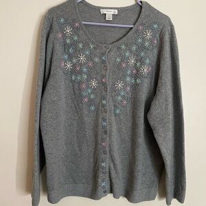 CJ Banks Gray linen acrylic wool Cardigan with Pastel beaded Embroidery plus 1X
